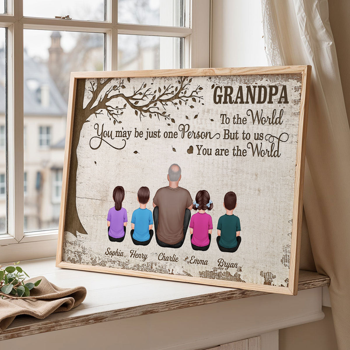 Grandpa And Kids Dogs Cats Sitting Under Tree Personalized Poster, Gift For Grandpa