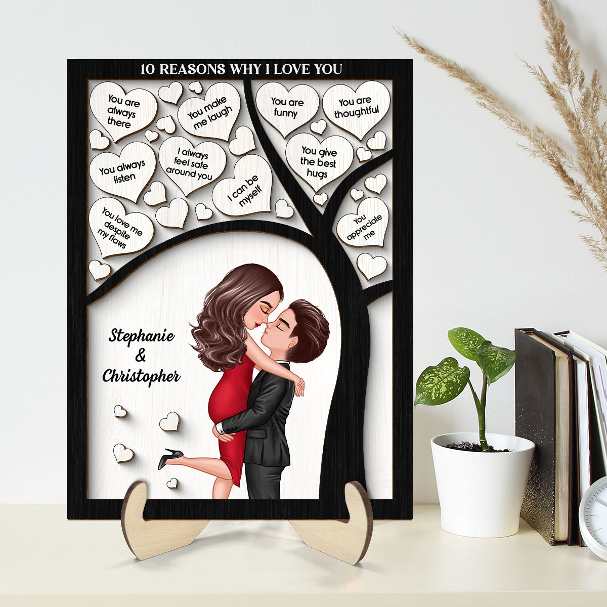 Reasons I Love You Couple Under Tree Hearts Personalized 2-layer Wooden Plaque