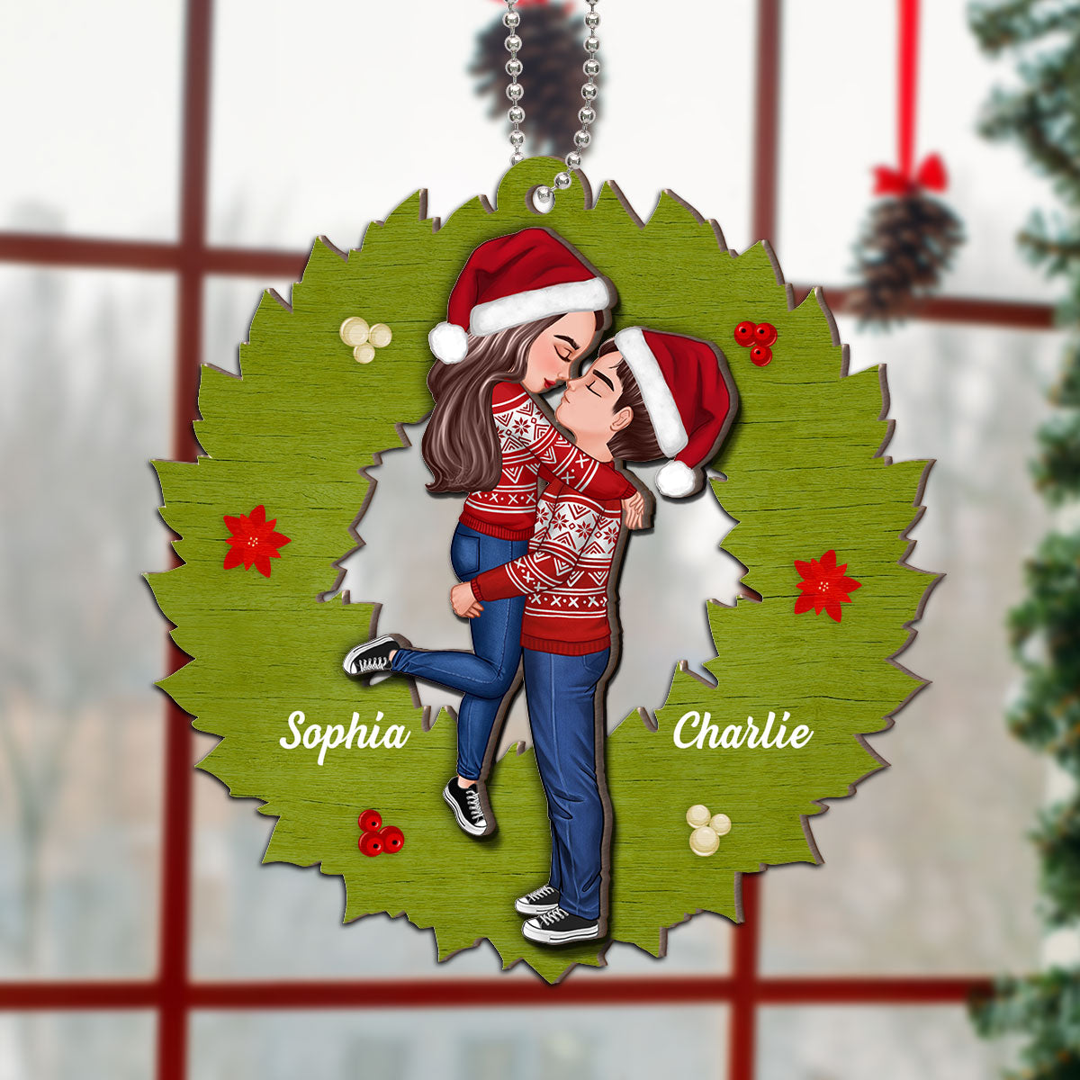 Wreath Christmas Couple Kissing Personalized 2-Layer Wooden Ornament