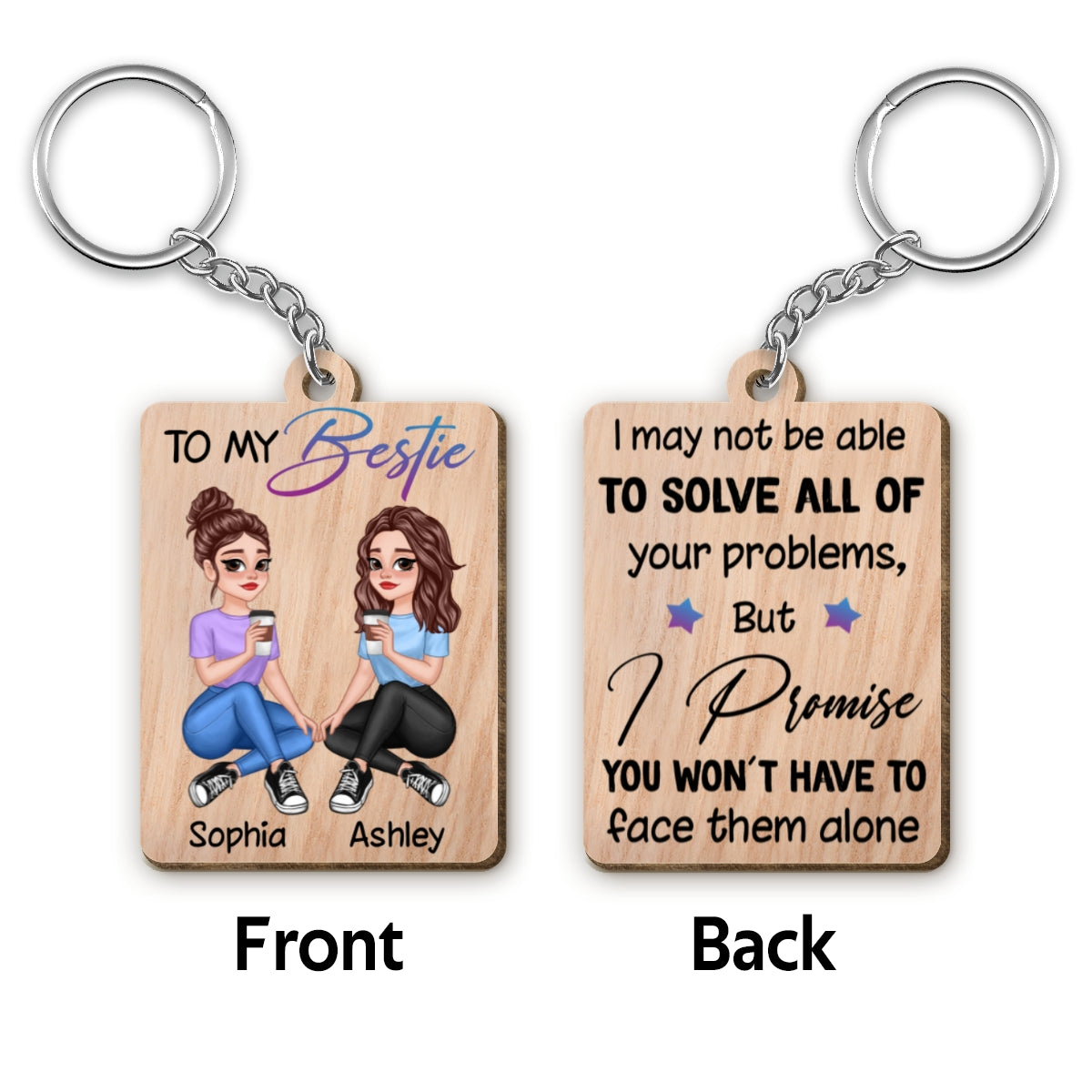 Pretty Cartoon Besties To My Bestie Personalized Wooden Keychain