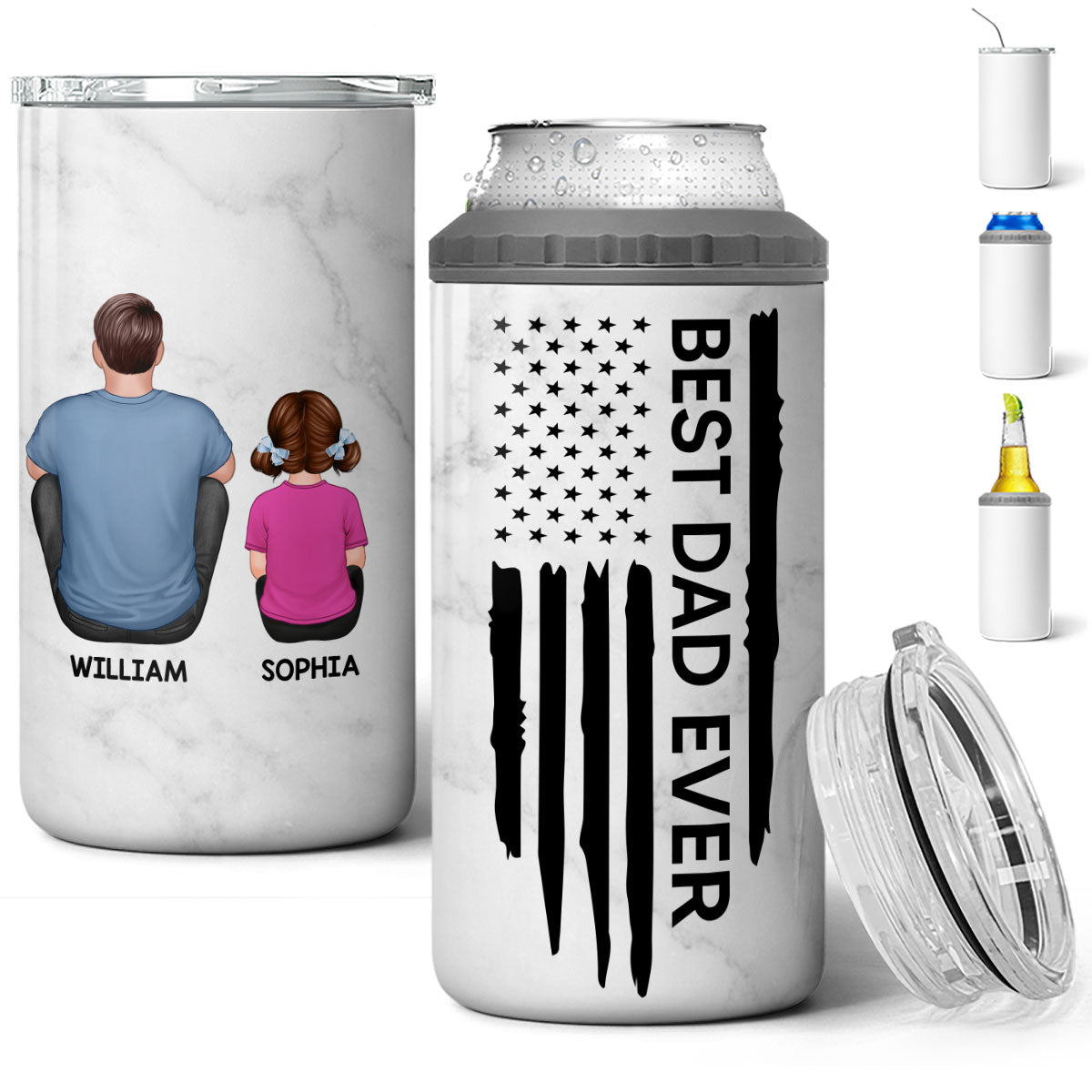 Best Dad Papa Grandpa Ever Nation Flag Back View Man & Kids Patriotic Gift For Husband Father Figures Personalized 4 In 1 Can Cooler