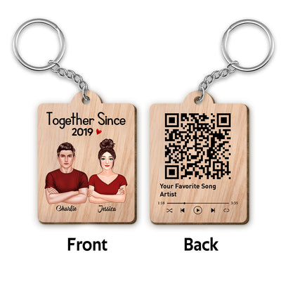 Real Couple Crossed Arms Favorite Song Scannable QR Code Personalized Wooden Keychain
