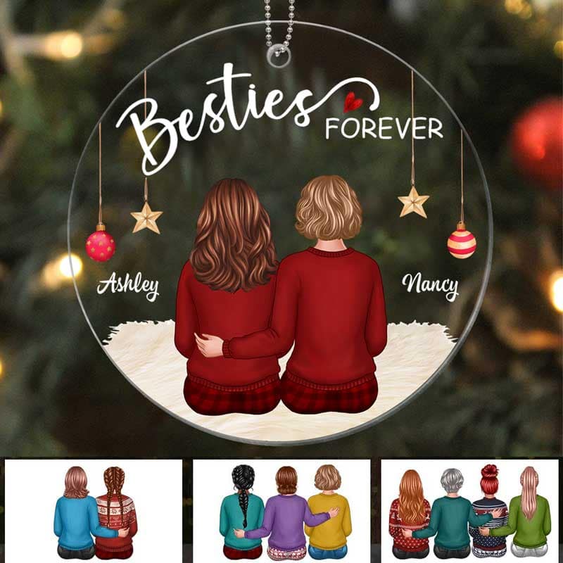 Back View Besties Sisters Sitting Christmas Personalized Acrylic Ornament