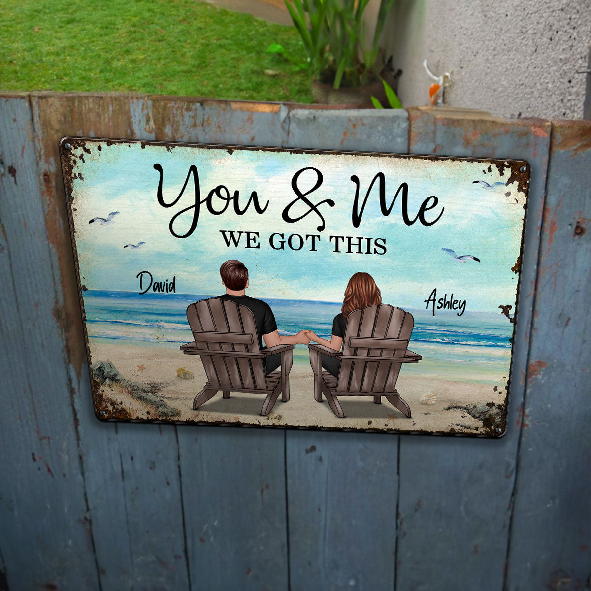 Back View Couple Sitting Beach Landscape Personalized Metal Sign