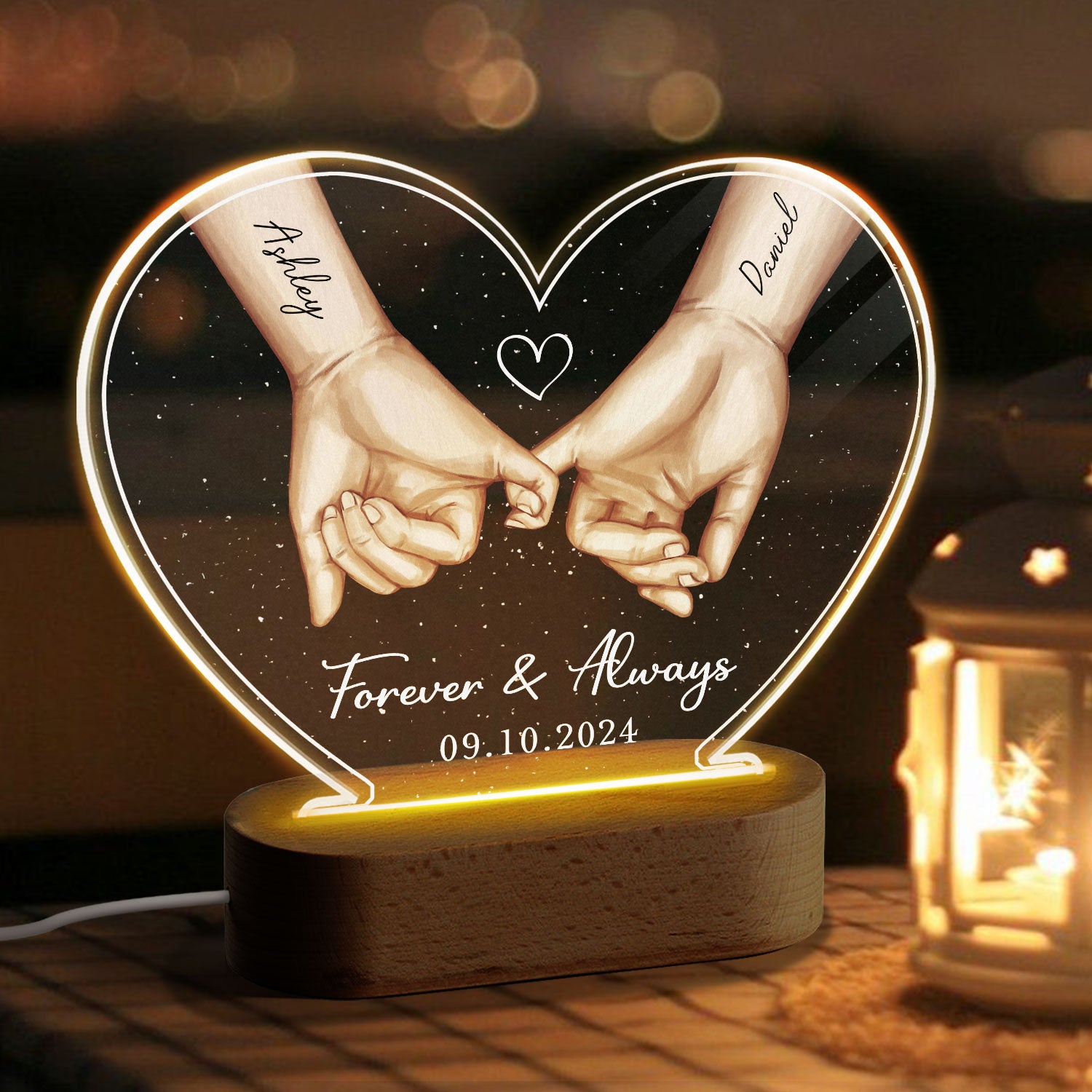 Personalized Couple Hands Pinky Promise Acrylic Heart LED Night Light,  gift, Anniversary Gift for Couples