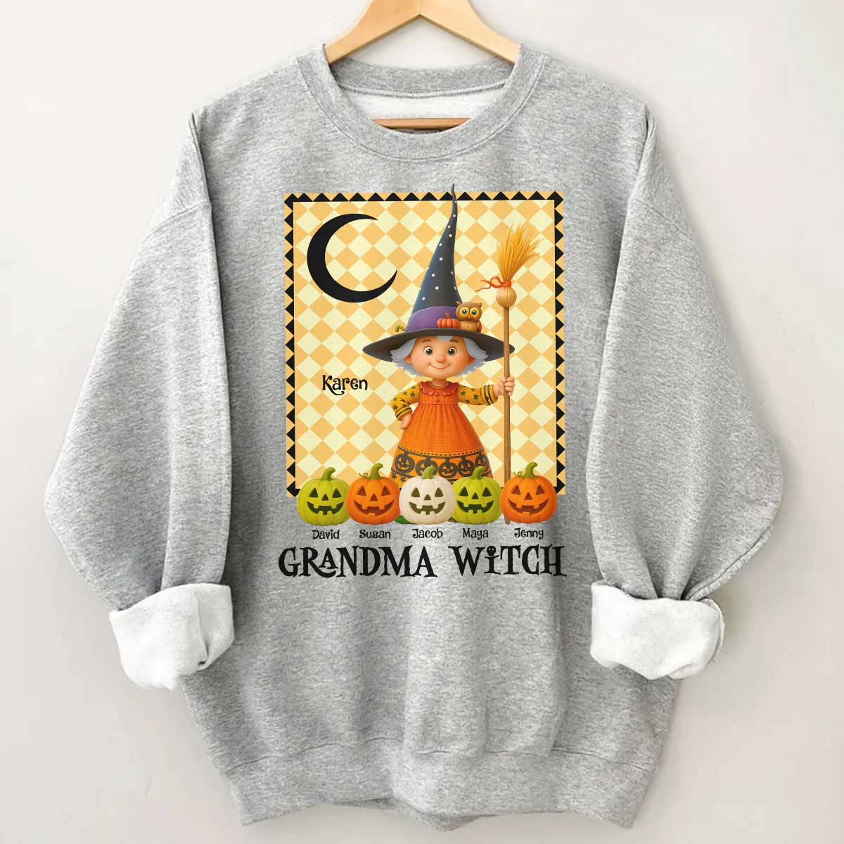 Grandma Witch Pumpkin Personalized Sweatshirt, Halloween Cozy Fall Sweatshirt for Grandma