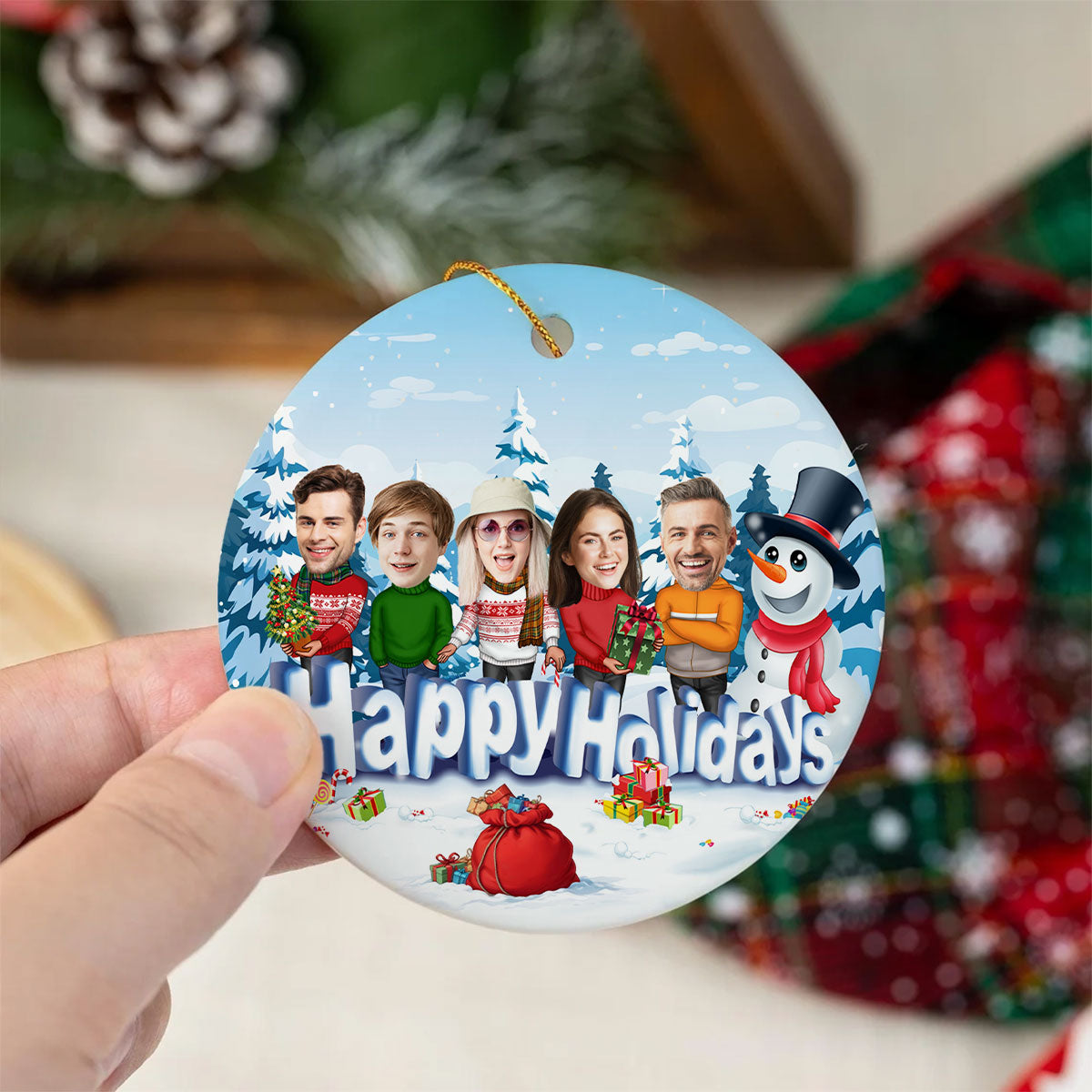 Happy Holiday Funny Family, Custom Photo Ornament, Personalized Family Photo Circle Ceramic Christmas Ornament, Family Keepsake