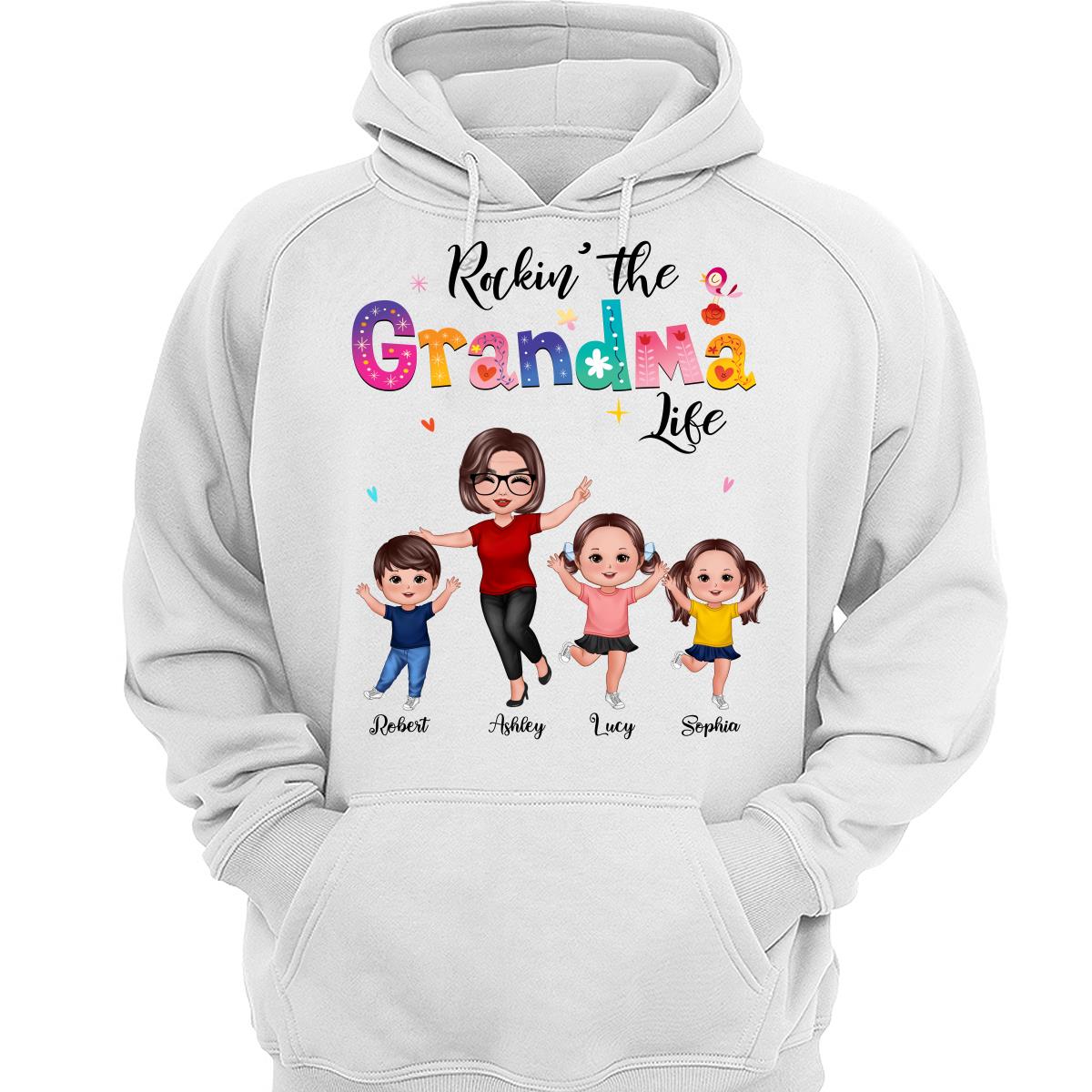 Colorful Floral Pattern Rockin‘ The Grandma Life Happy Doll Grandma & Grandkids Personalized Shirt
