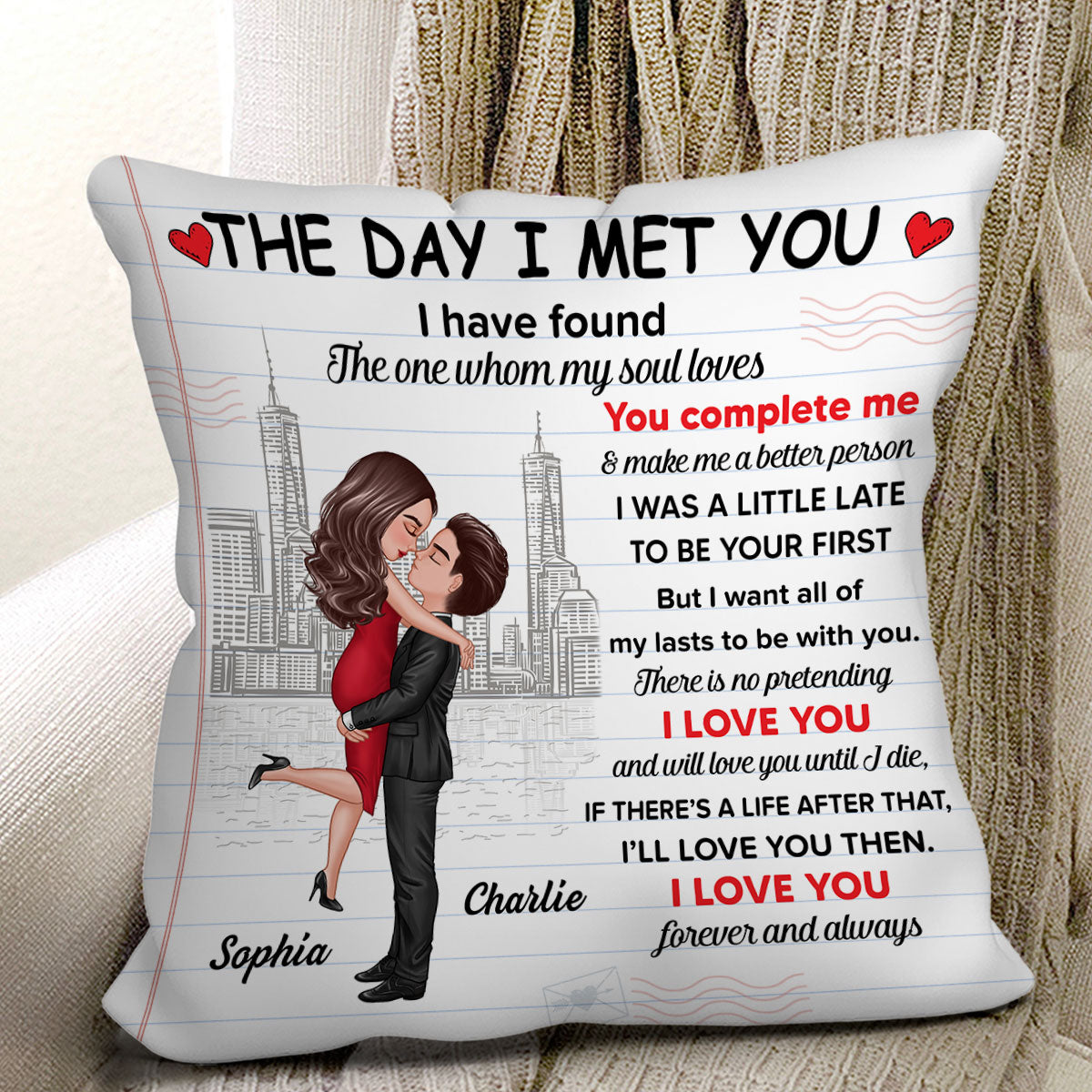 The Day I Met You Couple Skyline Personalized Pillow