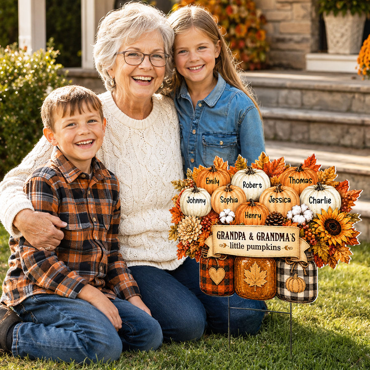 Cozy Warm Fall Season Mason Jars Pumpkins - Personalized Yard Sign - Fall Decor For Grandparents