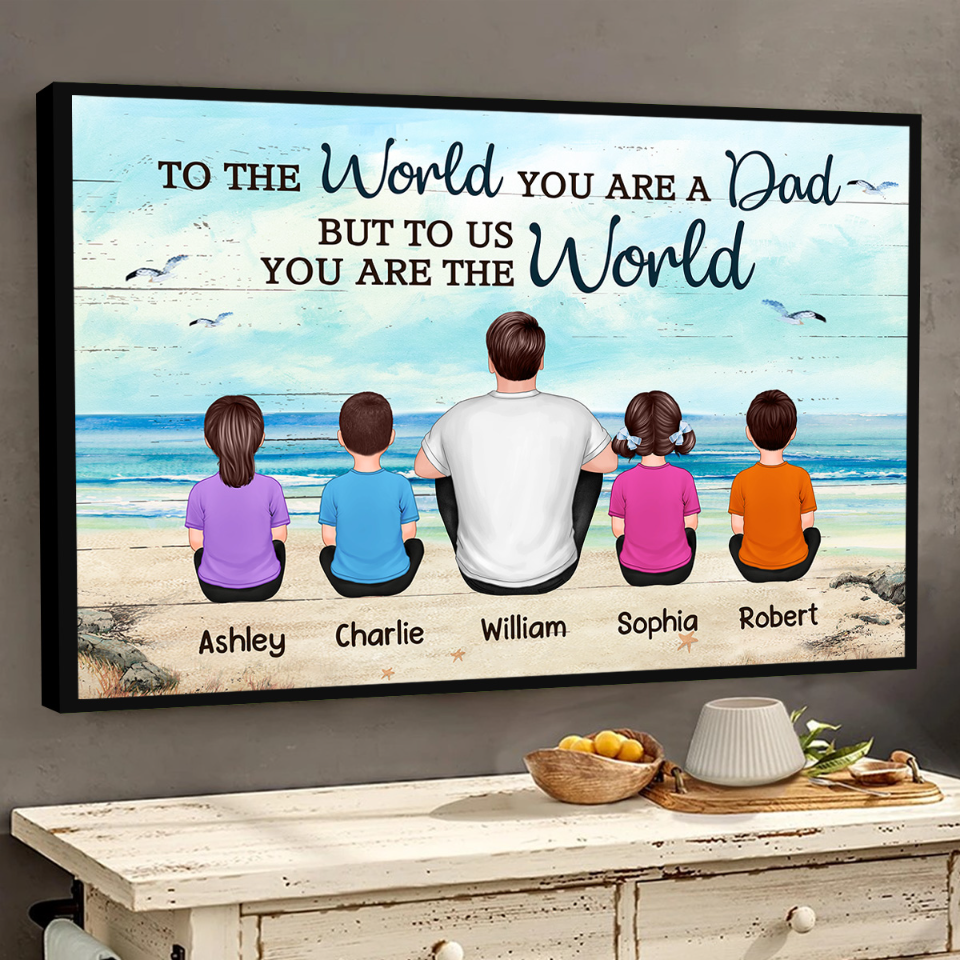 Dad And Sons Daughters Beach Landscape Personalized Poster, Heartfelt Gift For Dad, For Husband