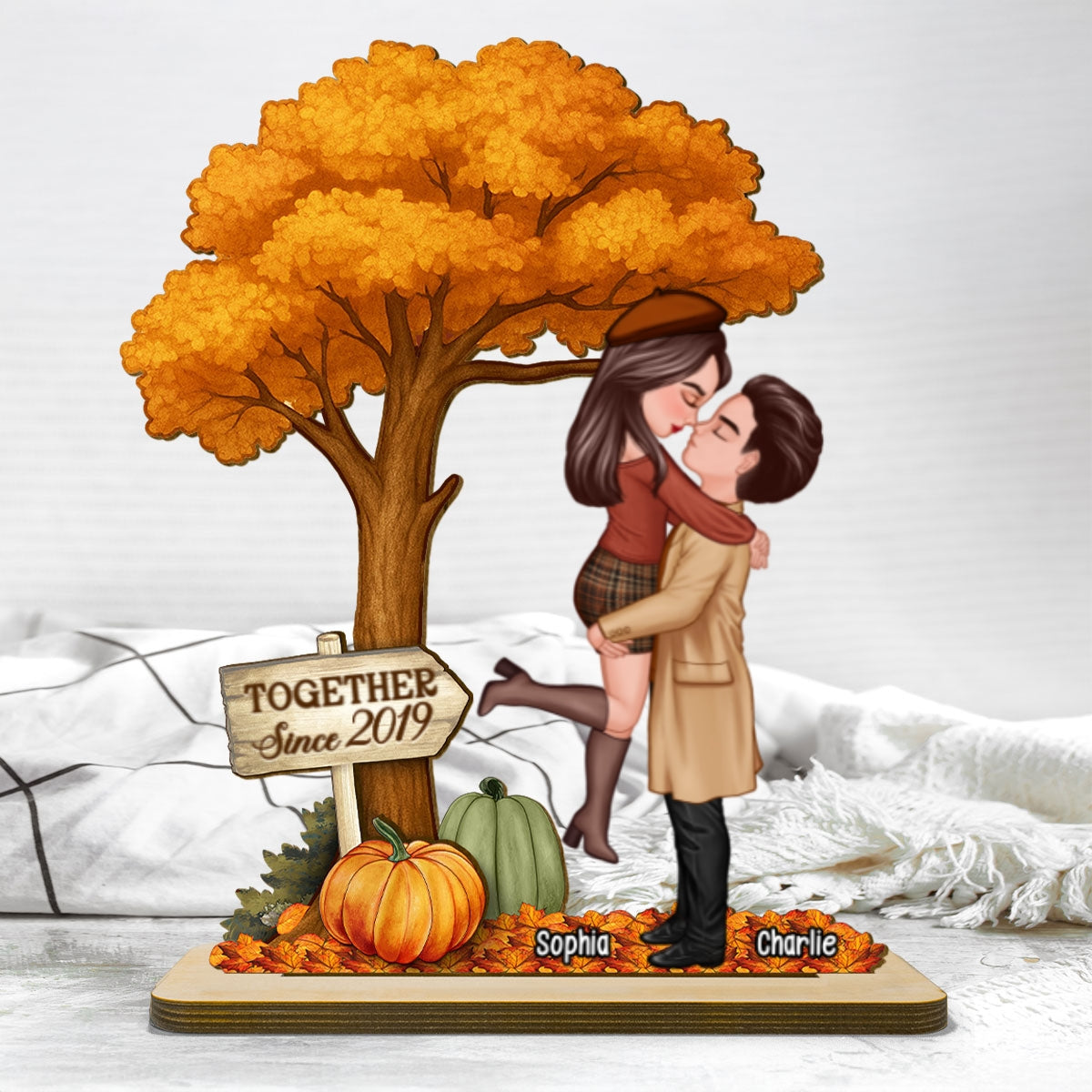 Fall Season Couple Hugging Kissing Under Tree Personalized Standing Wooden Plaque