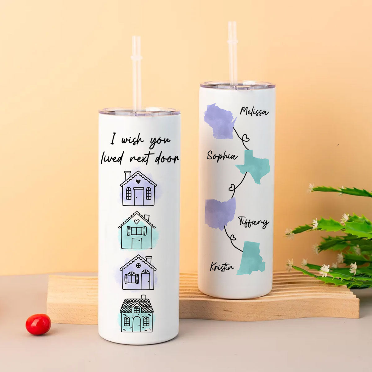Family Besties Sisters Long Distance Watercolor State Map Personalized Skinny Tumbler