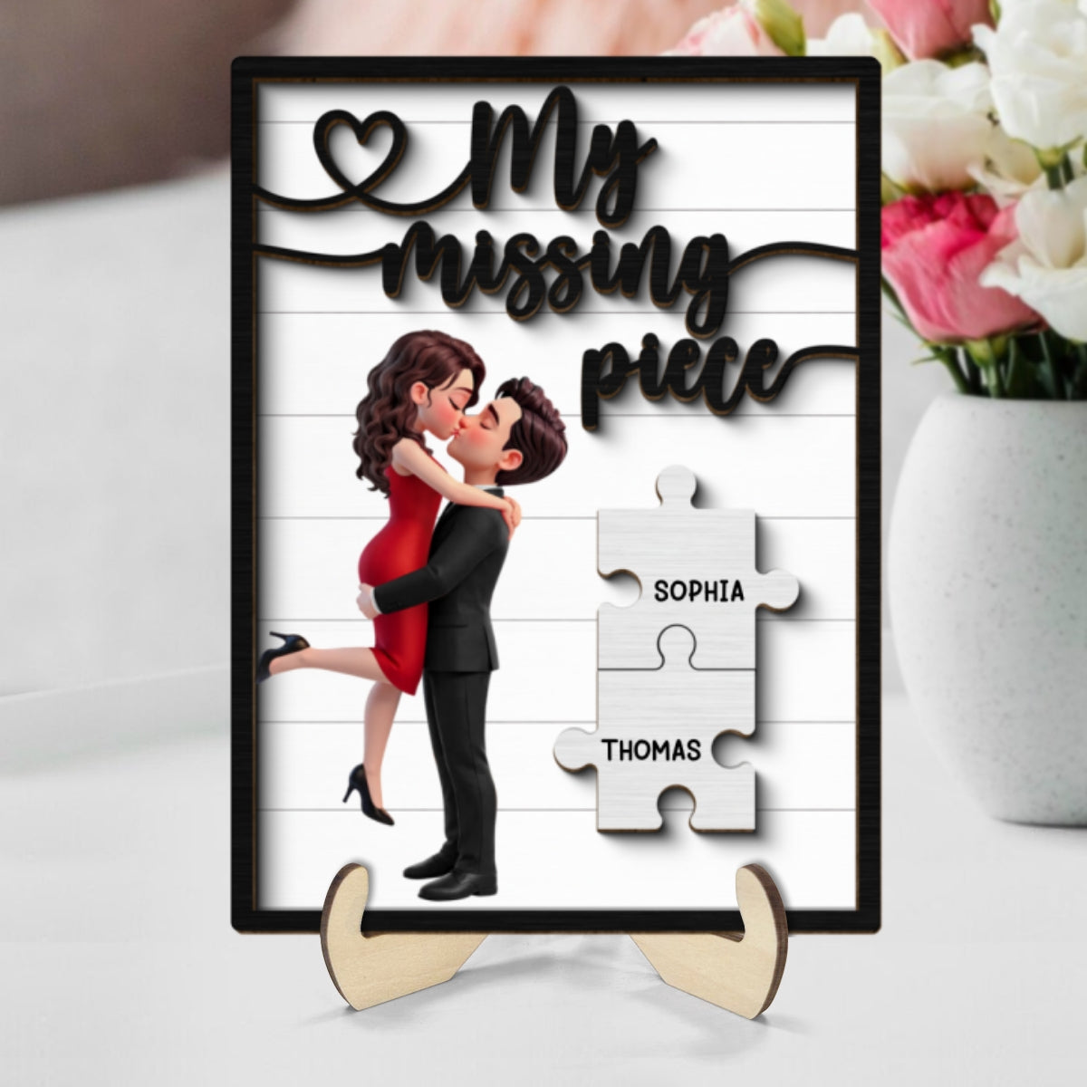 Couple Hugging Kissing Eternal Love You Are My Missing Piece - Personalized 2-Layered Wooden Plaque - Heartfelt Valentine's Day Gift, Anniversary Gift For Couple