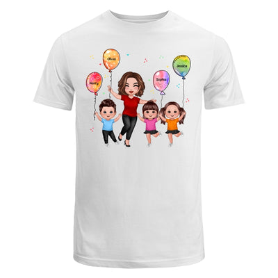 Happy Doll Grandma Mom & Doll Kids Holding Balloons Personalized Shirt