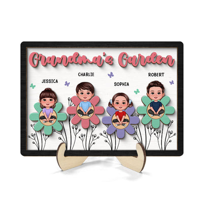 Grandma Mom Garden Crossed Legs Colorful Flowers Personalized 2-layer Wooden Plaque