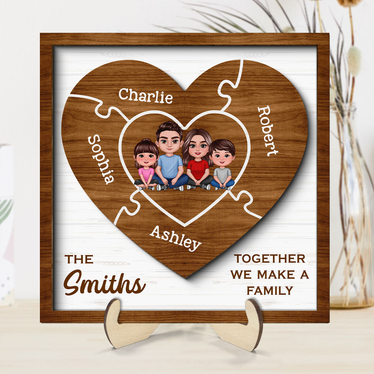 Together We Make A Family Puzzle Heart Personalized 2-Layer Wooden Plaque