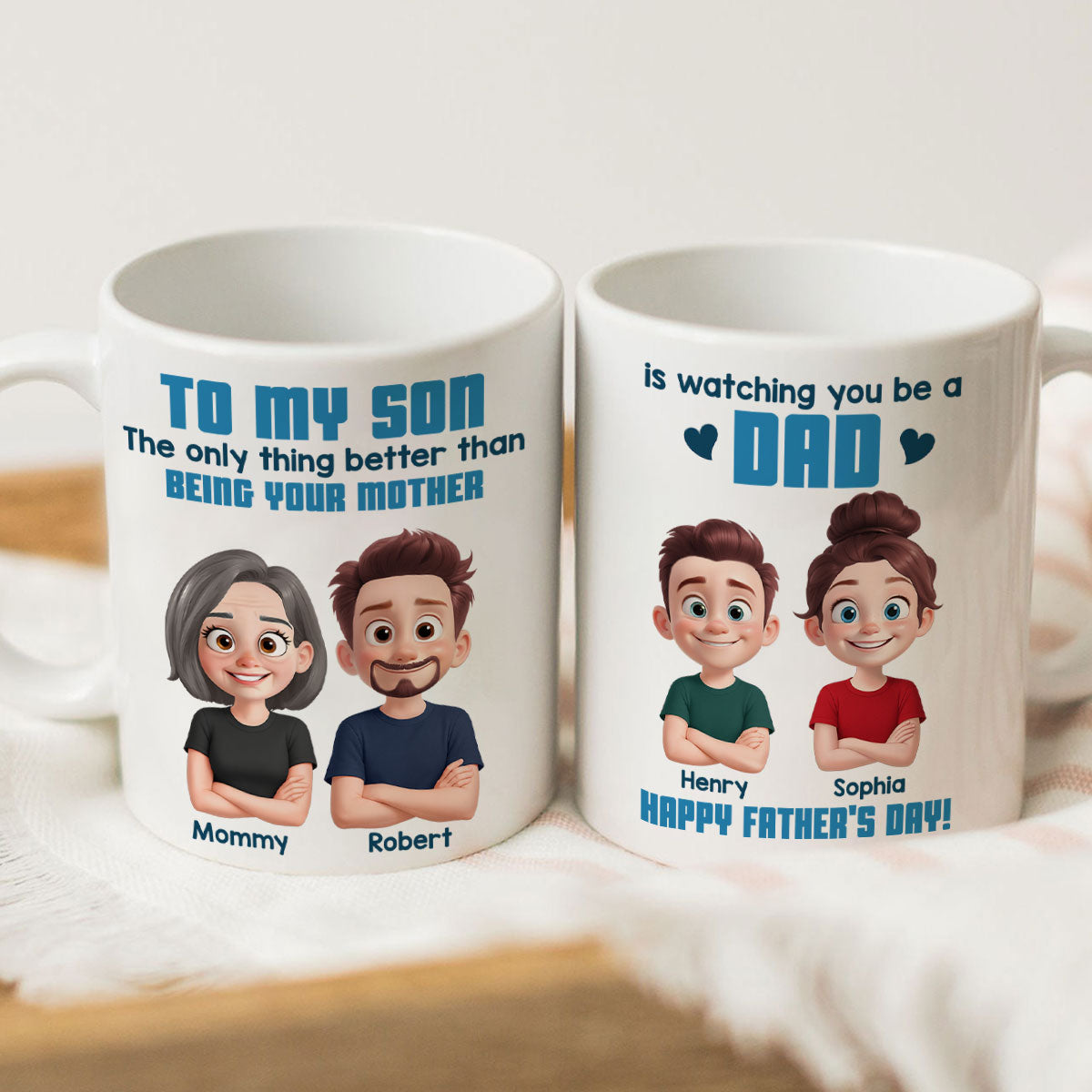 From Mom To Son Watching You Be A Dad Cartoon Style Personalized Mug, Father's Day Gift For Son