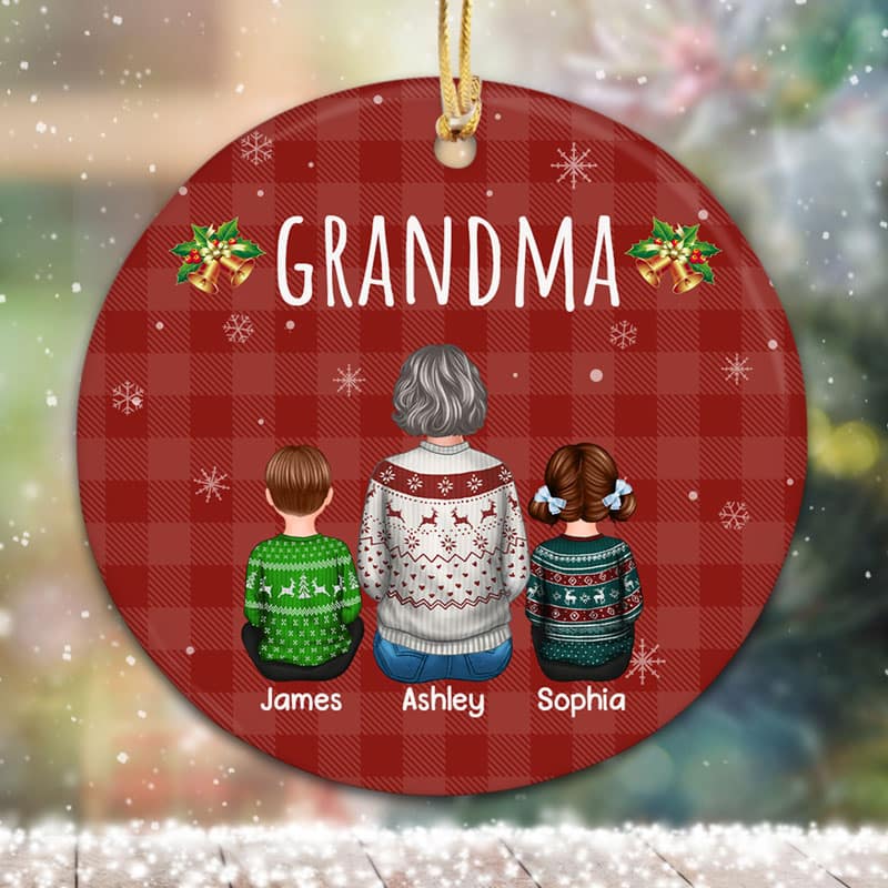Checkered Pattern Grandma And Grandkids Christmas Personalized Circle Ornament