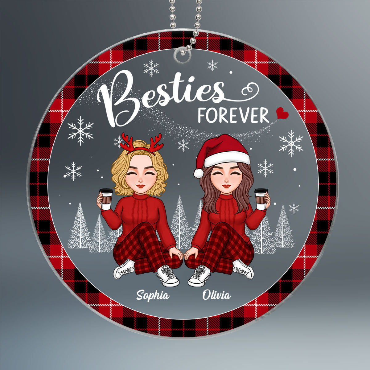 Besties Sister Sitting Checkered Pattern Frame Personalized Acrylic Ornament