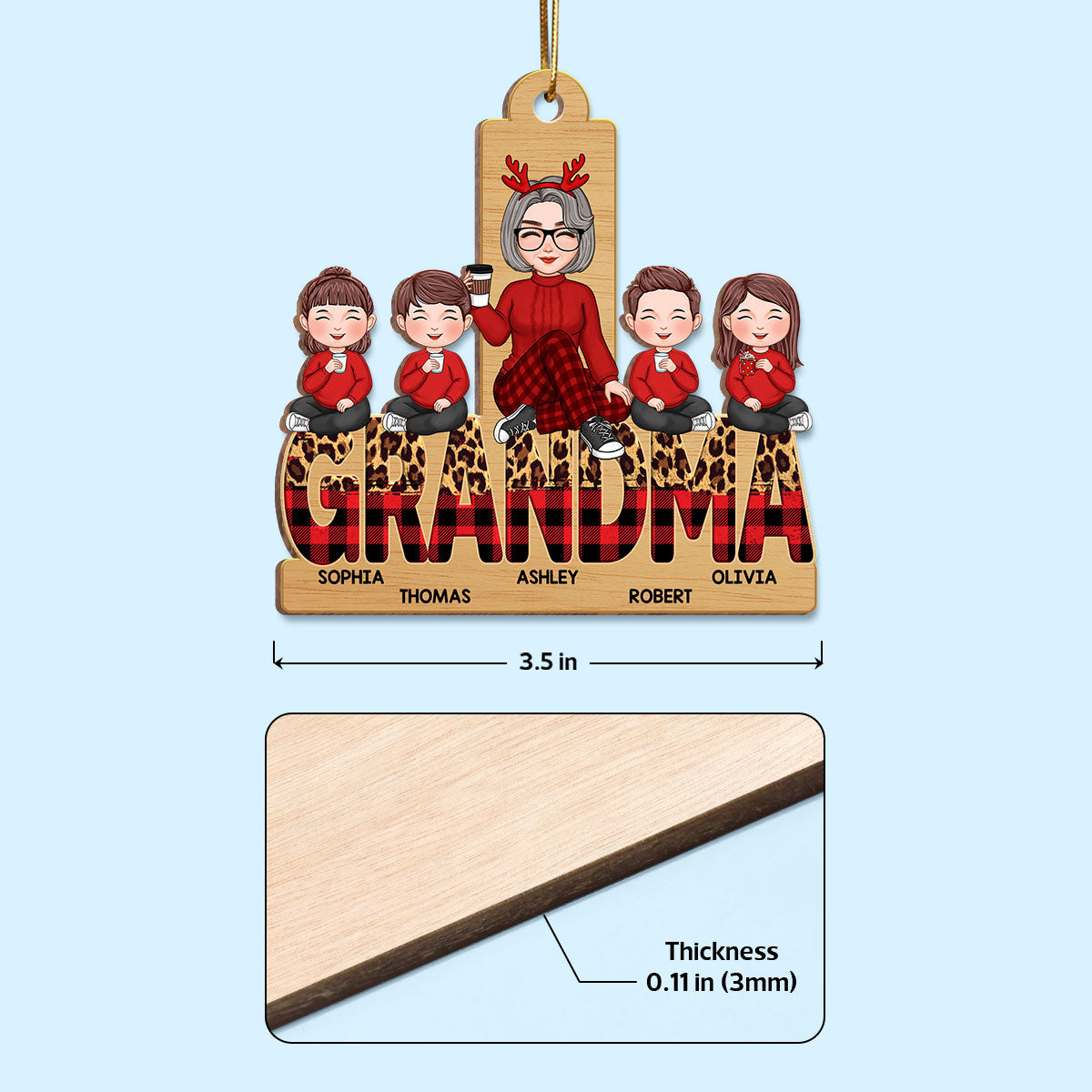 Checkered And Leopard Grandma Grandkids Sitting Personalized Wooden Ornament