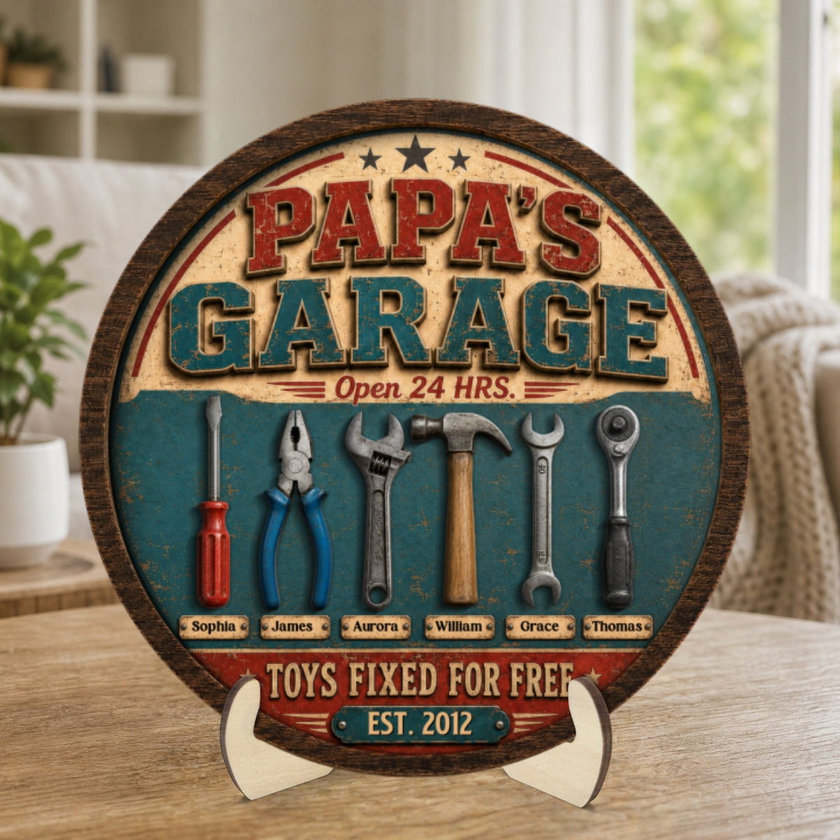 Papa Dad's Garage Toys Fixed For Free Custom Kid Name 2D Flat - Personalized 2-Layered Wooden Plaque - Father's Day Gift For Mechanic Dad, Grandpa