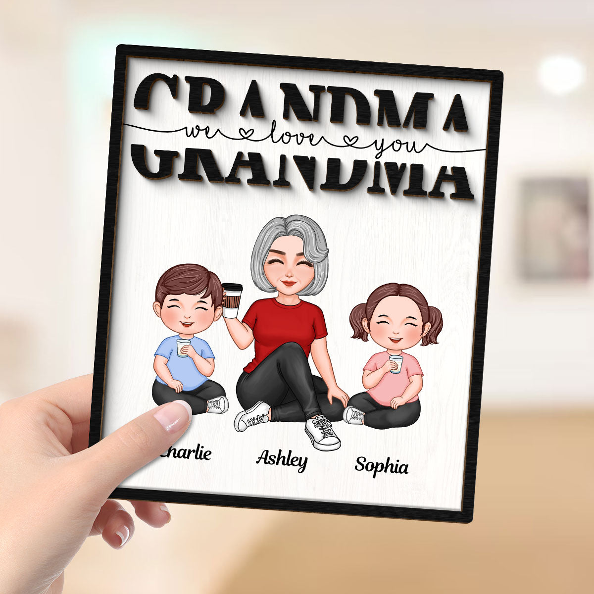 Grandma Mom Auntie Kids Sitting We Love You Mother‘s Day Gift Personalized 2-Layer Wooden Plaque