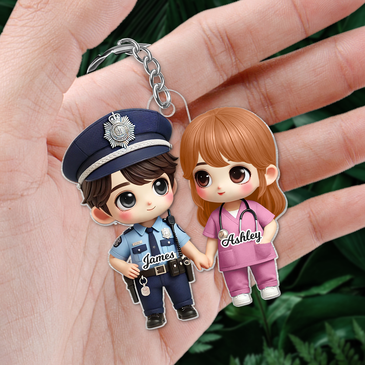 3D Effect Cute Cartoon Couple Gift by Occupation Gift For Her Gift For Him Personalized Acrylic Keychain, Anniversary Gift For Couple