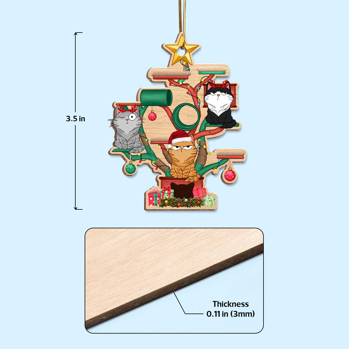 Christmas Cat Tower Funny Cats Expression Personalized Wooden Ornament