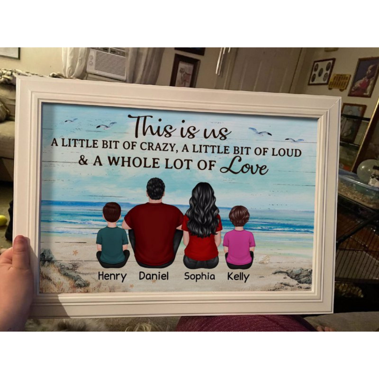 Back View Family Sitting Beach Landscape Personalized Horizontal Poster