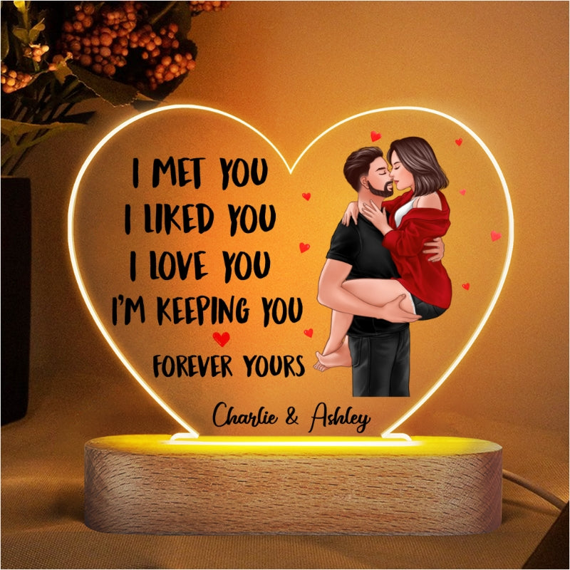 Man Holding Woman Kissing Gift For Him For Her Personalized Acrylic Heart Plaque With LED Night Light