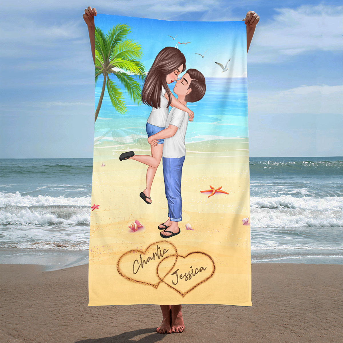 Summer Doll Couple Kissing Hugging Personalized Beach Towel