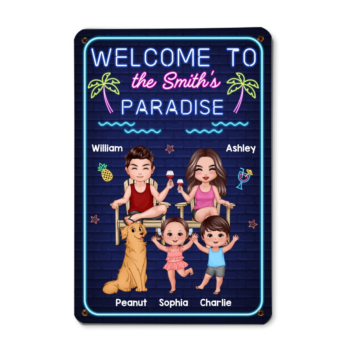 Welcome Family Paradise Neon Brick Background Personalized Metal Sign