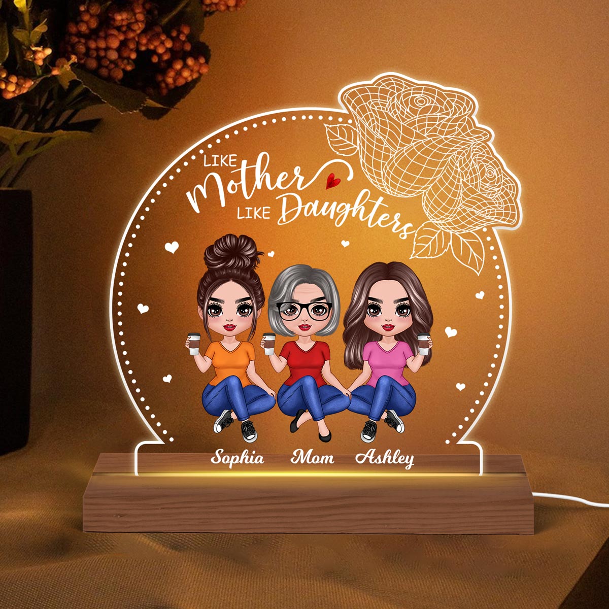Like Mother Like Daughter Doll 3D Roses Personalized Custom Shape Acrylic Plaque With LED Night Light