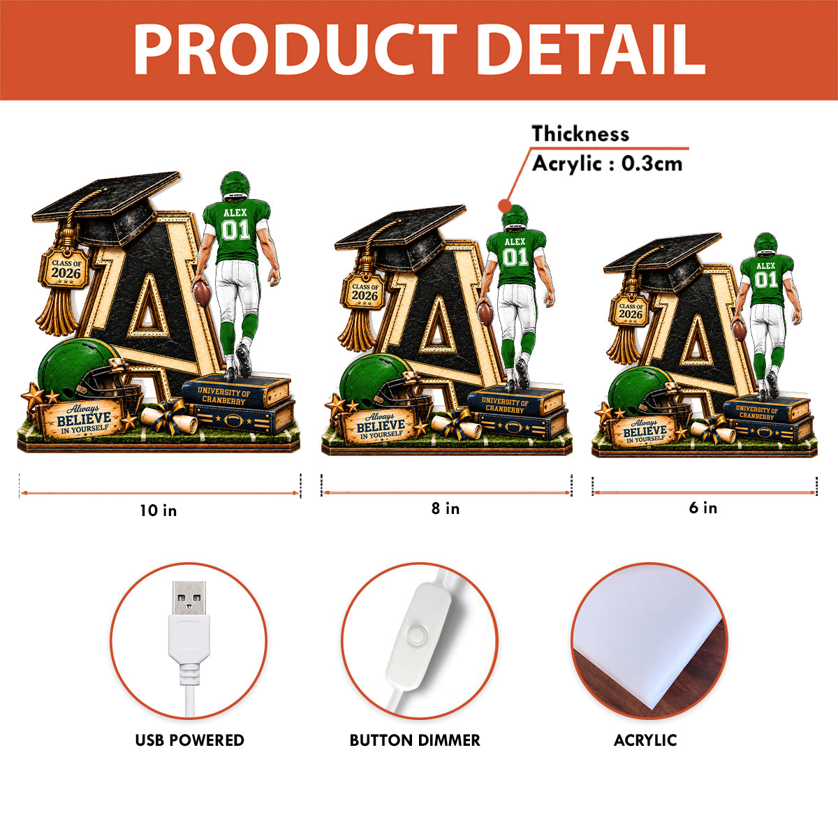 Football Graduation Custom Initial - Personalized Light Box - Class of 2026 Senior Gift, Christmas Gift for Son, Grandson, for Him