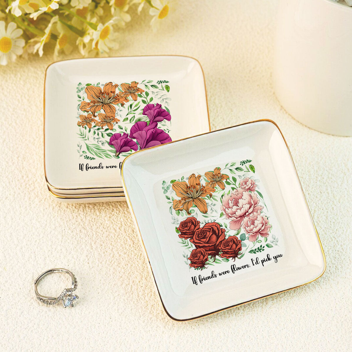 Sisters Besties In Bloom Birth Month Flowers Personalized Jewelry Dish