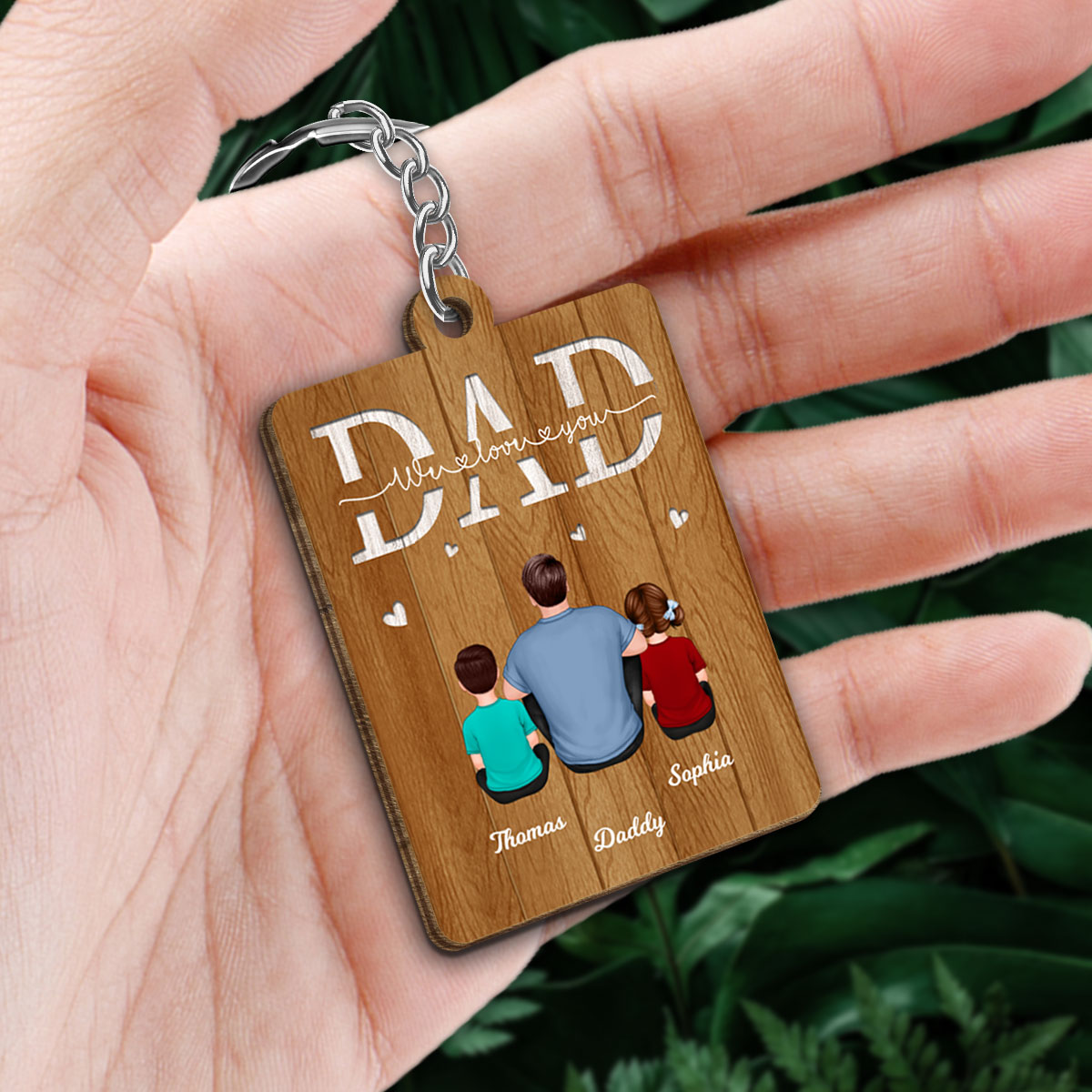 Back View Dad And Kids Dogs Cats Sitting We Love You Personalized Wooden Keychain