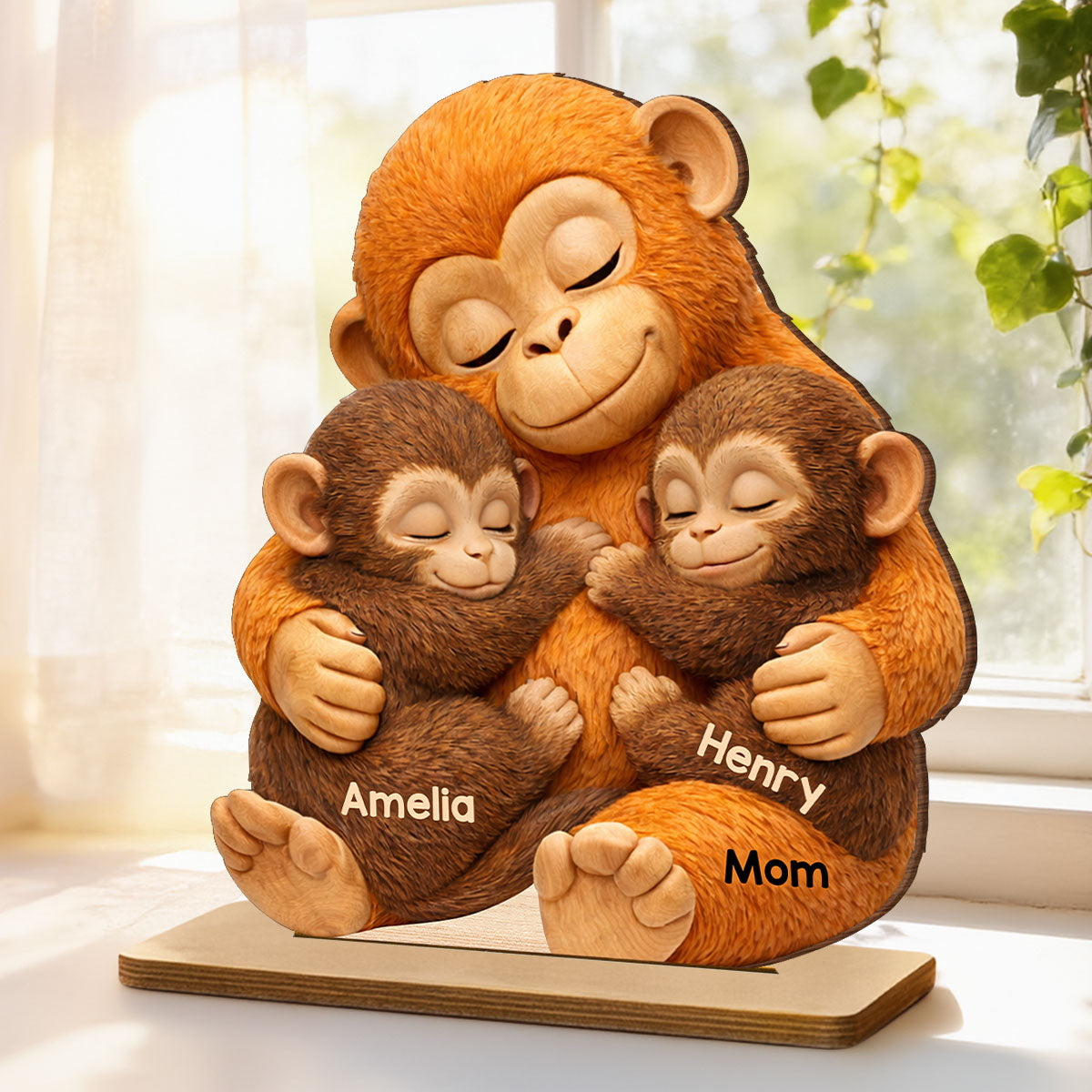 Mother Monkey & Children, Baby Monkey Punch - Personalized 2-Layered Wooden Plaque - Heartfelt Mother's Day Gift for Mom, Wife