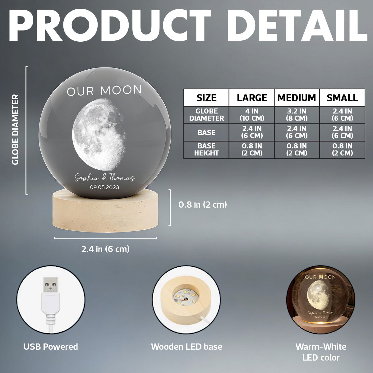 Our Moon Special Day Custom Moon Phase - Personalized Crystal Ball LED Night Light - Valentine's Day Gift For Couple