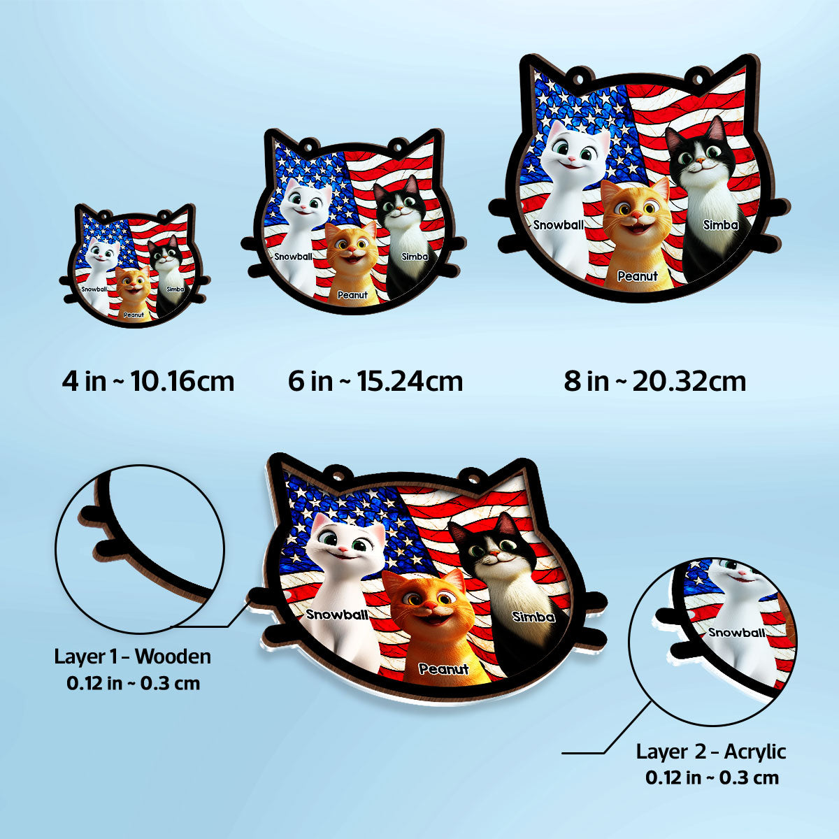 Cat Face Shape Nation Flag Personalized Suncatcher, 4th Of July Decoration