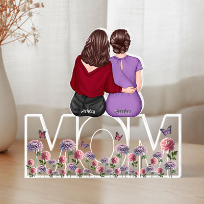 Birth Flowers Mom And Daughters Sons Sitting On Text Personalized Acrylic Block Plaque, Gift