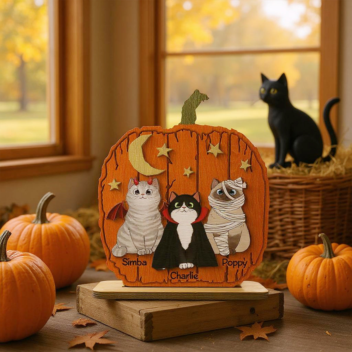 Halloween Cat Pumpkin Shaped - Personalized 2-Layered Wooden Plaque - Gift For Cat Lovers