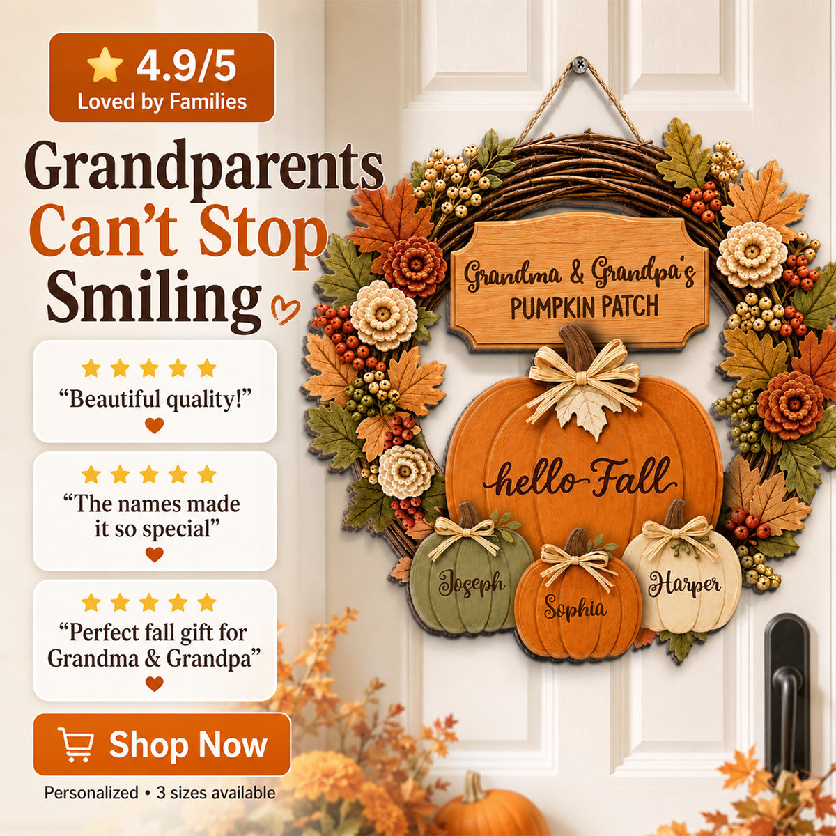 Grandma Grandpa's Pumpkin Patch Wreath Style 2D Flat Printed - Personalized Door Hanger - Fall Season Decor For Grandparents