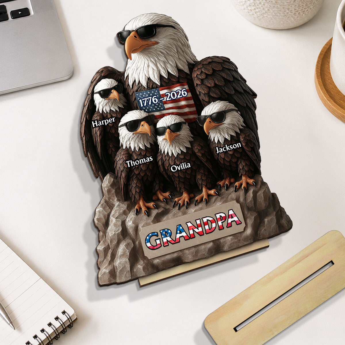 America 250th Anniversary Patriotic Eagle Grandpa Dad & Kids - Personalized 2-Layered Wooden Plaque - Father's Day Gift, 250th Anniversary Gift, Keepsake For Grandpa, Dad