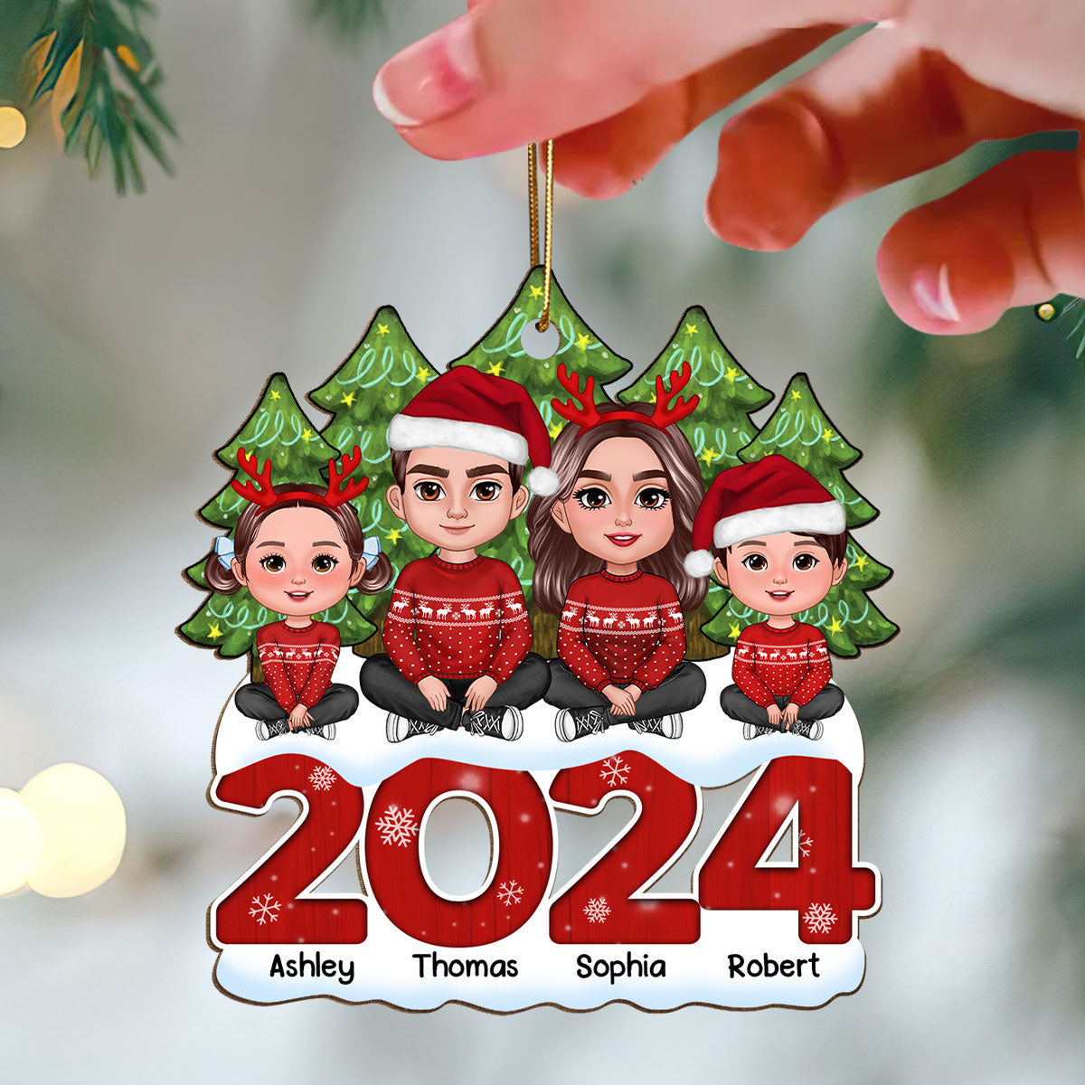 Family Sitting On 2024 Christmas Tree Line Personalized Wooden Ornament