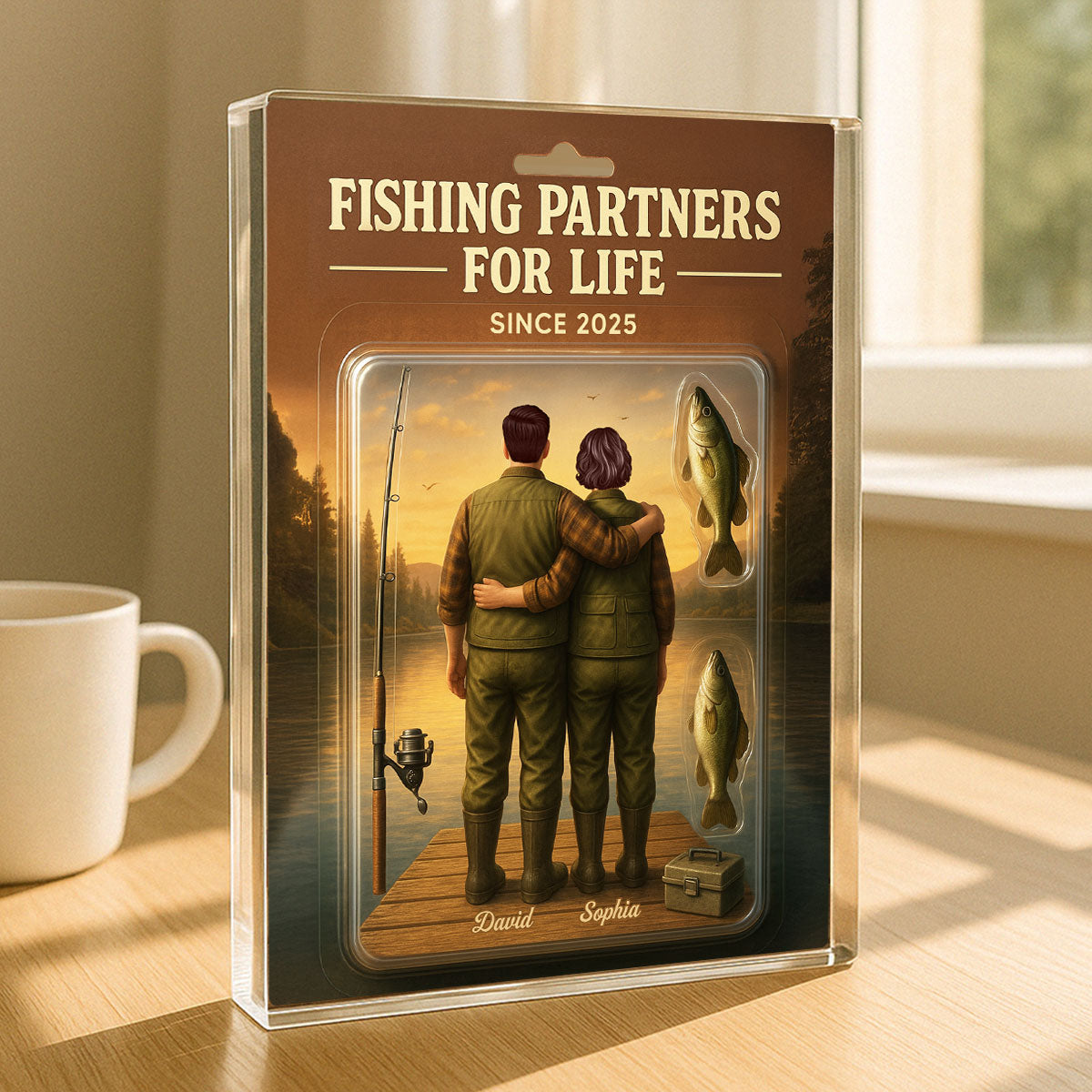 3D Effect Custom Figure Couple Together Fishing Partners For Life Personalized Rectangle Acrylic Block Plaque
