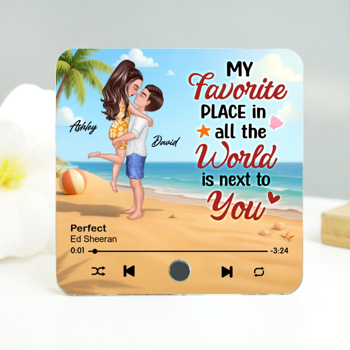 My Favorite Place in All the World is Next to You, Summer Hugging Couple Personalized Music Fridge Magnet