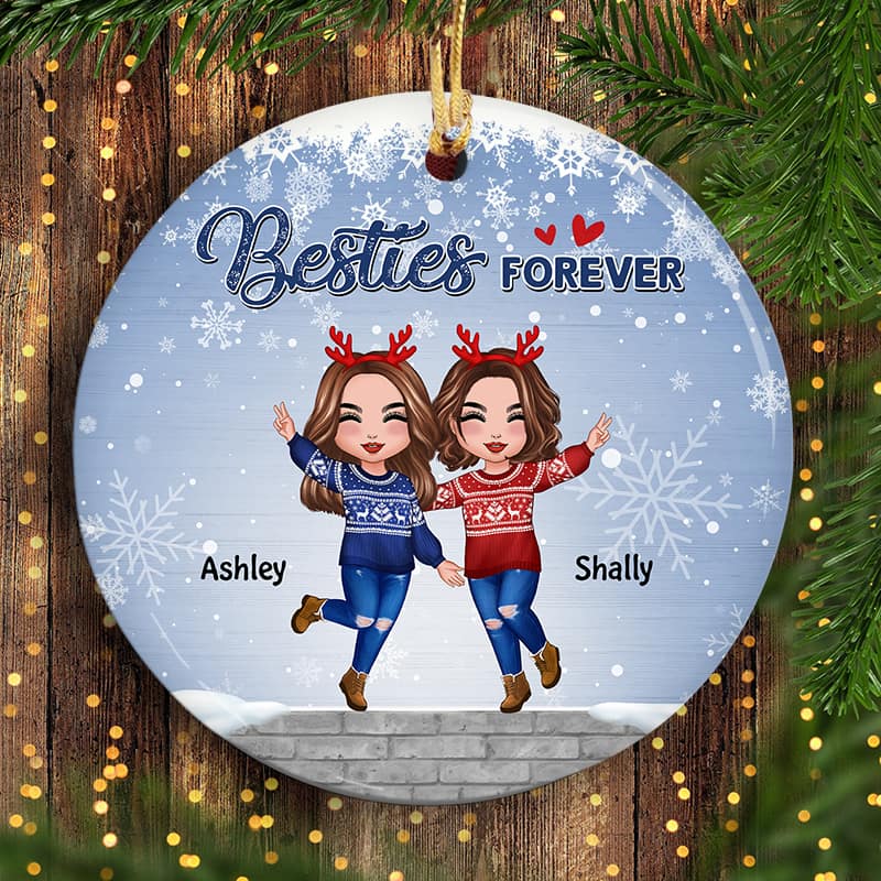 Happy Doll Besties In Snow Personalized Circle Ornament