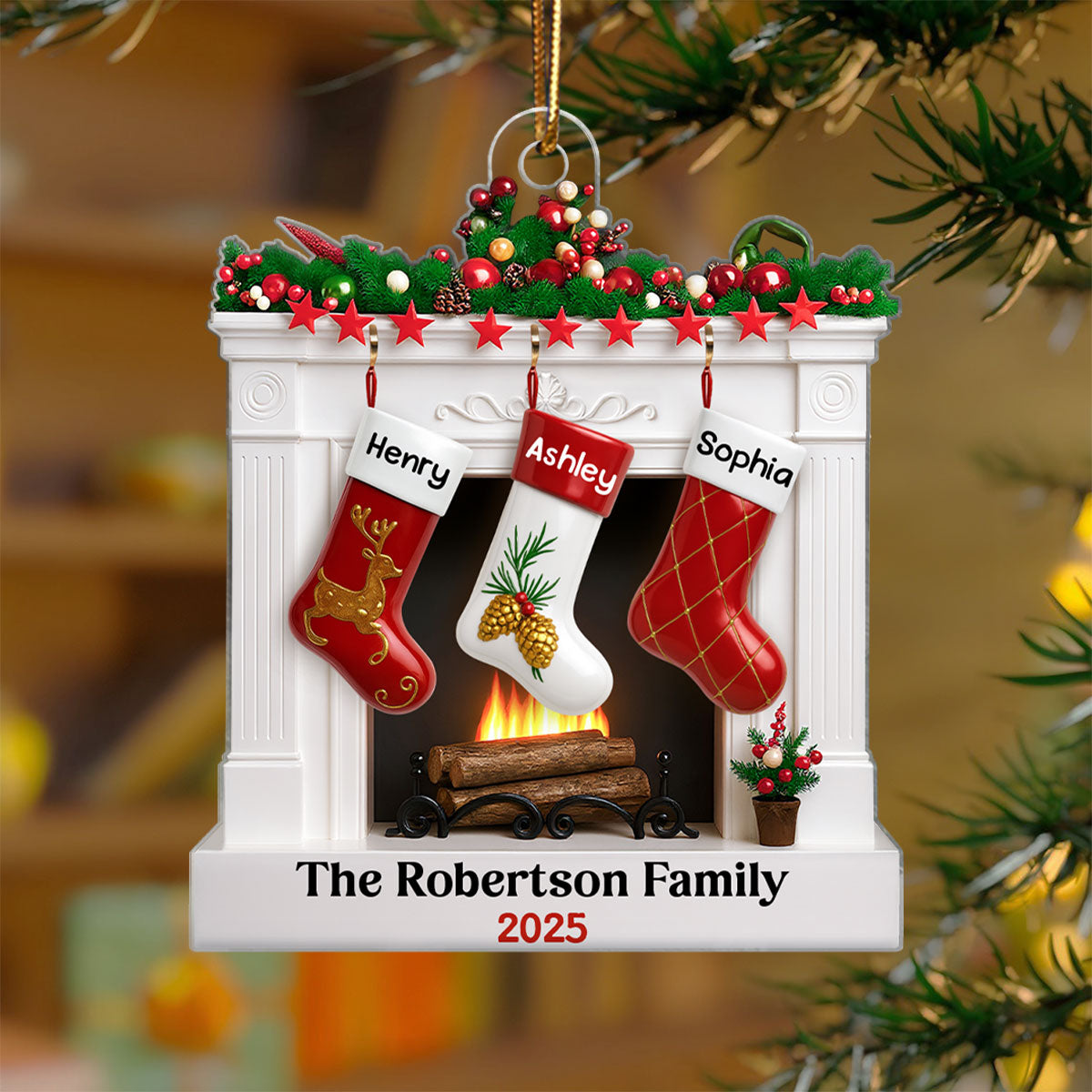 Fireplace Stocking Family Personalized Christmas Ornament, 3D Effect Ornament, Custom Family Name
