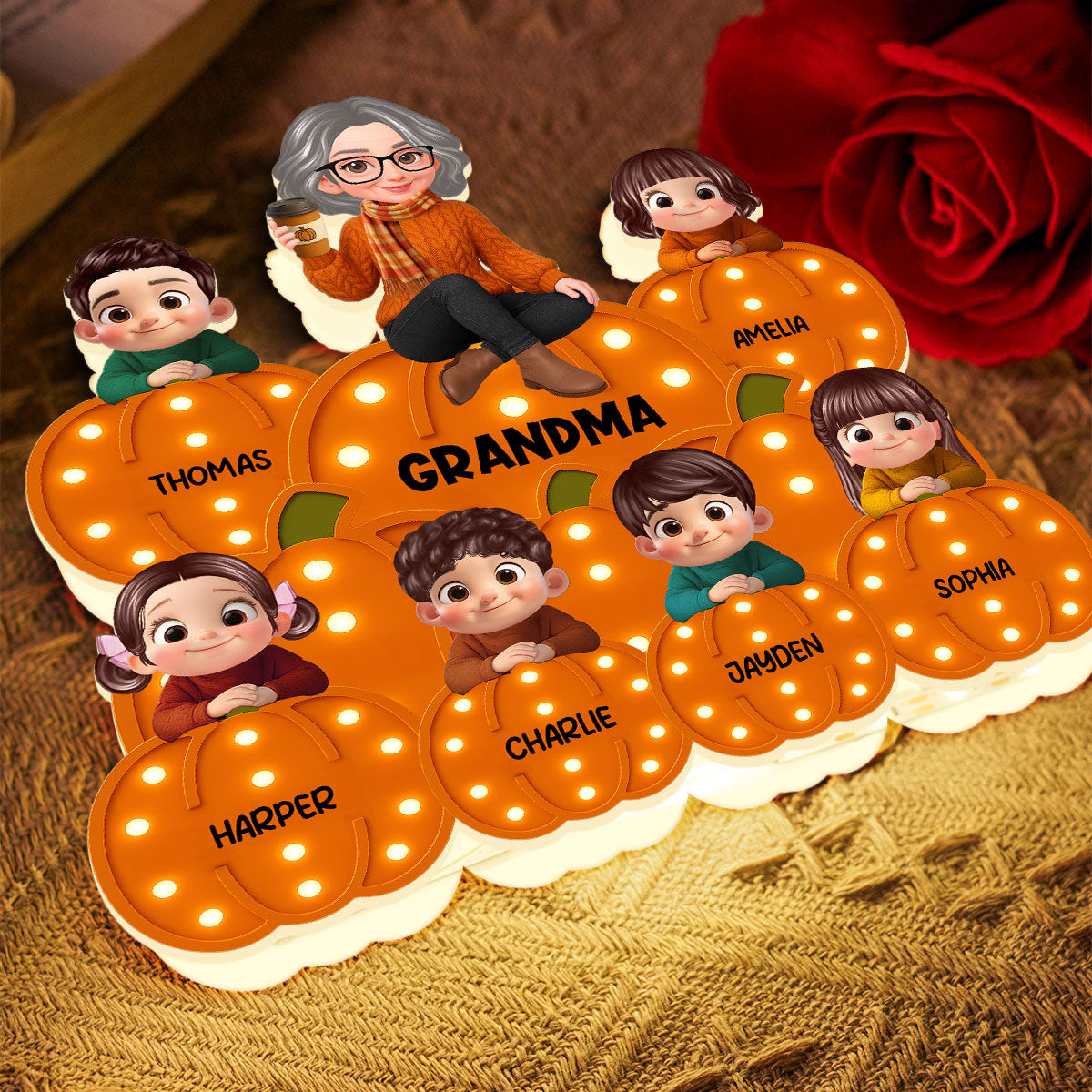 Fall Season Grandma Grandkids On Marquee Pattern Texture Pumpkins Personalized LED Light Box